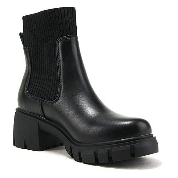 New Black Chelsea Sweater Platform Chunky Heel Ankle Boots Booties - Picture 2 of 3